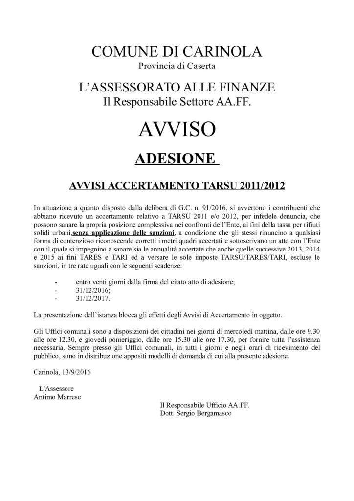Manifesto adesione accertamenti TARSU 2011 e 2012