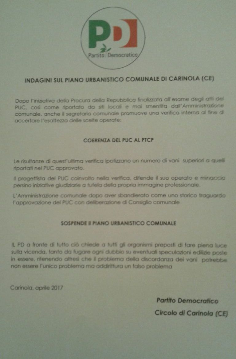 Manifesto PD sul PUC Carinola